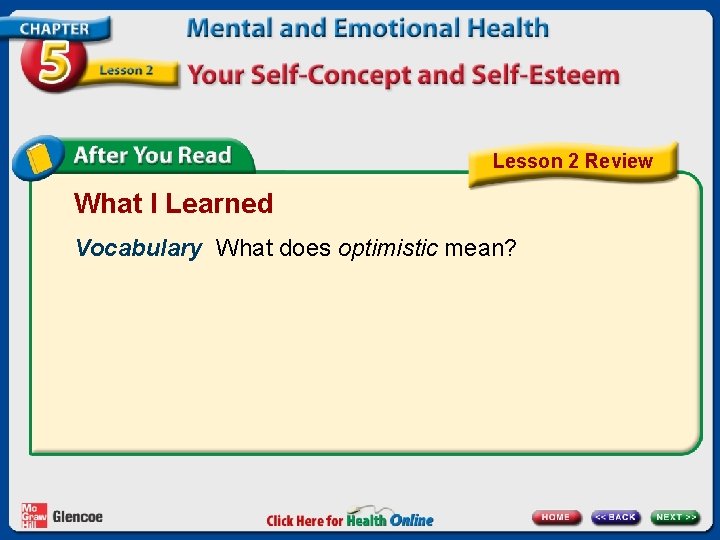 Lesson 2 Review What I Learned Vocabulary What does optimistic mean? 