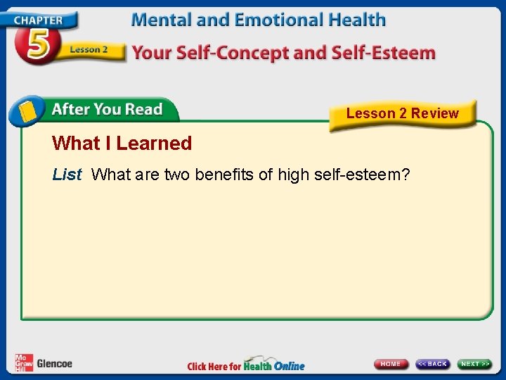 Lesson 2 Review What I Learned List What are two benefits of high self-esteem?