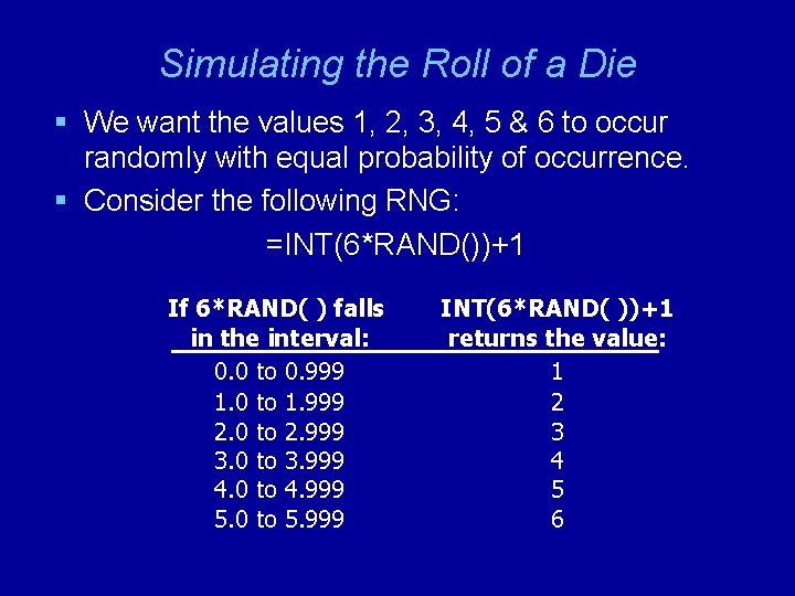 Simulating the Roll of a Die § We want the values 1, 2, 3,