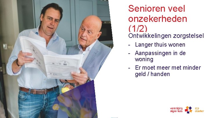 Senioren veel onzekerheden (1/2) Ontwikkelingen zorgstelsel - Langer thuis wonen - Aanpassingen in de