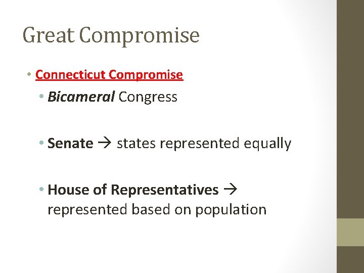 Great Compromise • Connecticut Compromise • Bicameral Congress • Senate states represented equally •