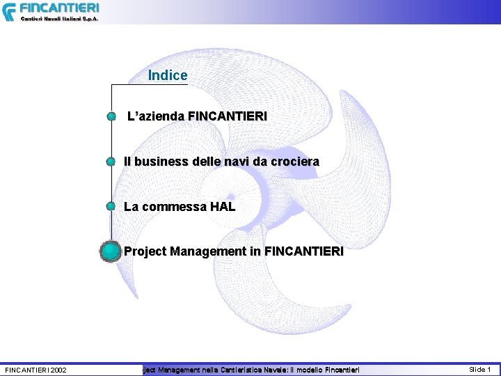 Indice L’azienda FINCANTIERI Il business delle navi da crociera La commessa HAL Project Management