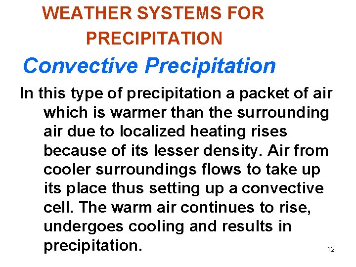 WEATHER SYSTEMS FOR PRECIPITATION Convective Precipitation In this type of precipitation a packet of