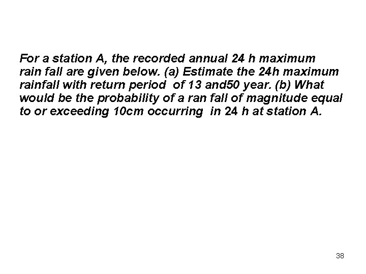 For a station A, the recorded annual 24 h maximum rain fall are given