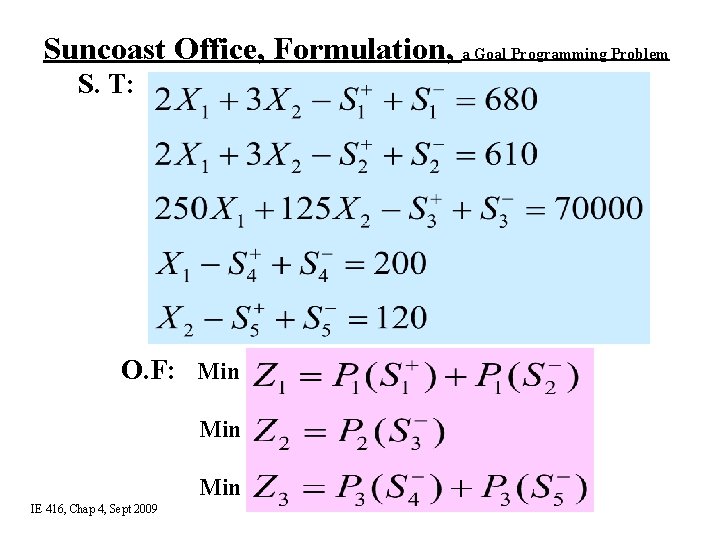 Suncoast Office, Formulation, a Goal Programming Problem S. T: O. F: Min Min IE