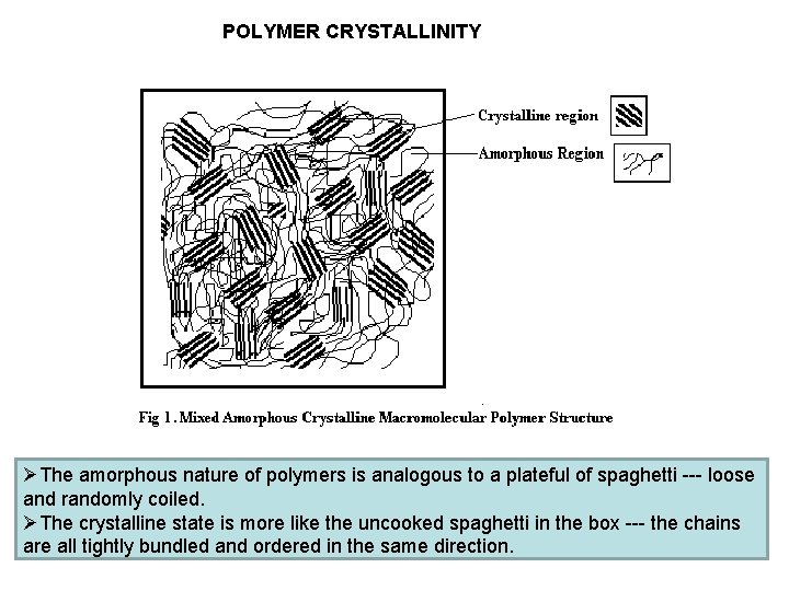 POLYMER CRYSTALLINITY ØThe amorphous nature of polymers is analogous to a plateful of spaghetti