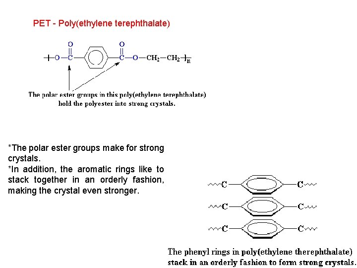 PET - Poly(ethylene terephthalate) *The polar ester groups make for strong crystals. *In addition,