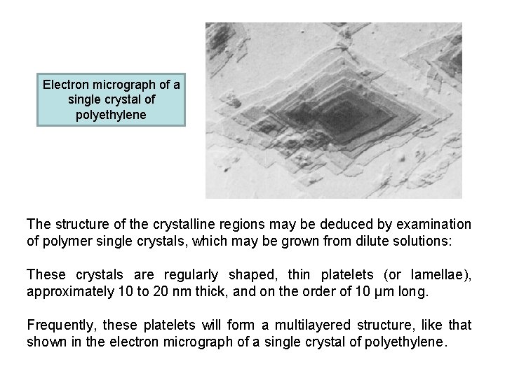 Electron micrograph of a single crystal of polyethylene The structure of the crystalline regions