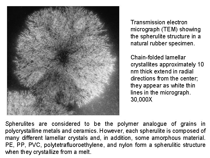 Transmission electron micrograph (TEM) showing the spherulite structure in a natural rubber specimen. Chain-folded