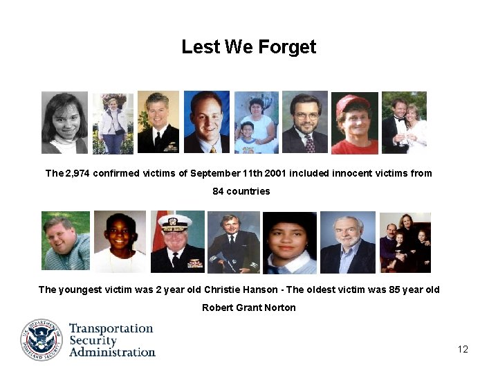 Lest We Forget The 2, 974 confirmed victims of September 11 th 2001 included Lest We Forget The 2, 974 confirmed victims of September 11 th 2001 included