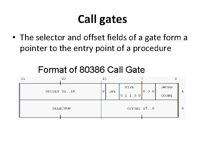 Call gates • The selector and offset fields of a gate form a pointer