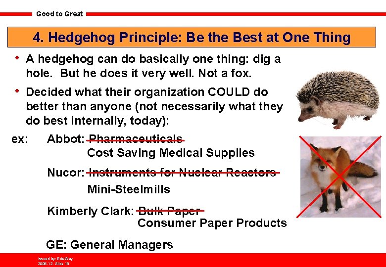 Good to Great 4. Hedgehog Principle: Be the Best at One Thing • A
