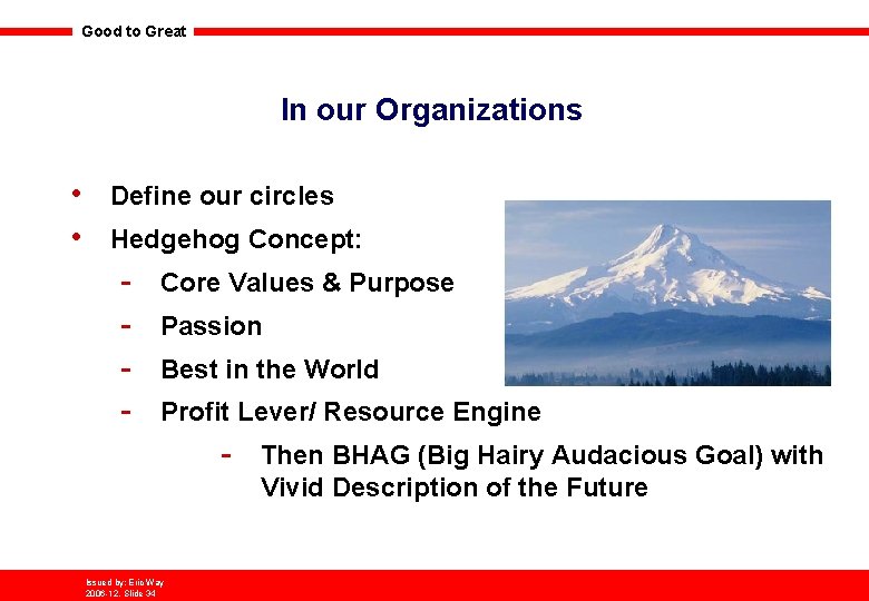 Good to Great In our Organizations • • Define our circles Hedgehog Concept: -