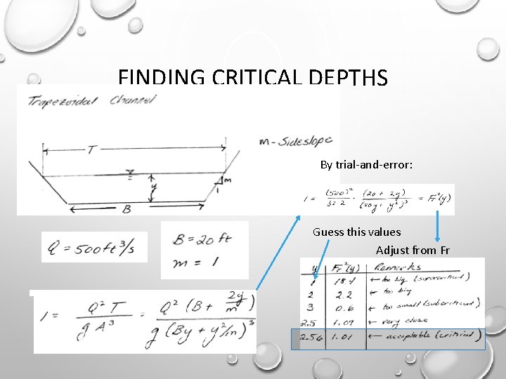 FINDING CRITICAL DEPTHS By trial-and-error: Guess this values Adjust from Fr 