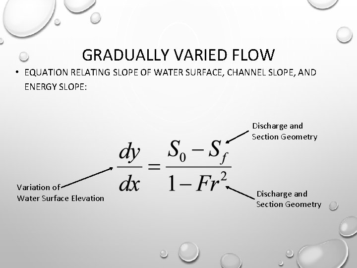 GRADUALLY VARIED FLOW • EQUATION RELATING SLOPE OF WATER SURFACE, CHANNEL SLOPE, AND ENERGY