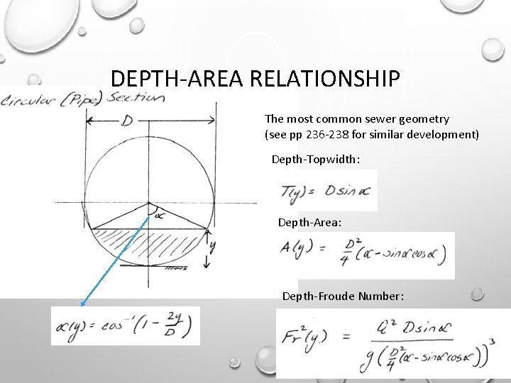 DEPTH-AREA RELATIONSHIP The most common sewer geometry (see pp 236 -238 for similar development)