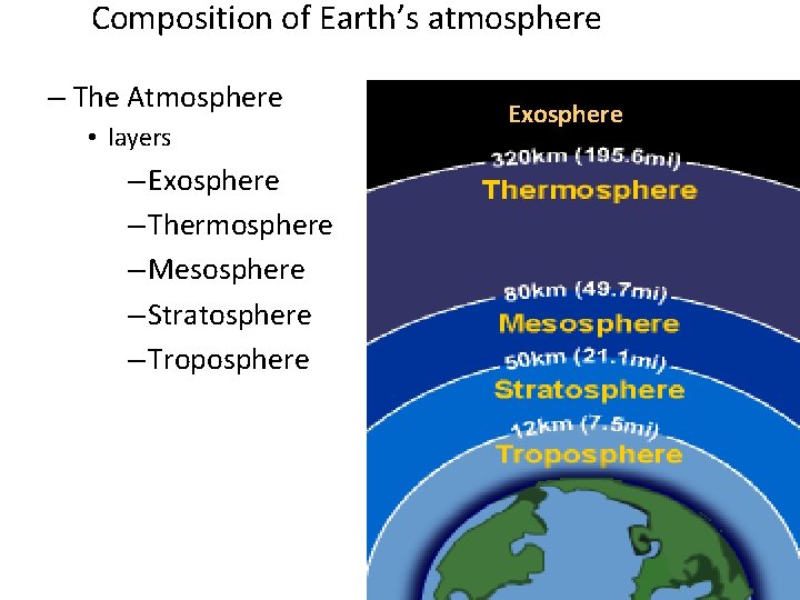 Composition of Earth’s atmosphere – The Atmosphere • layers – Exosphere – Thermosphere –