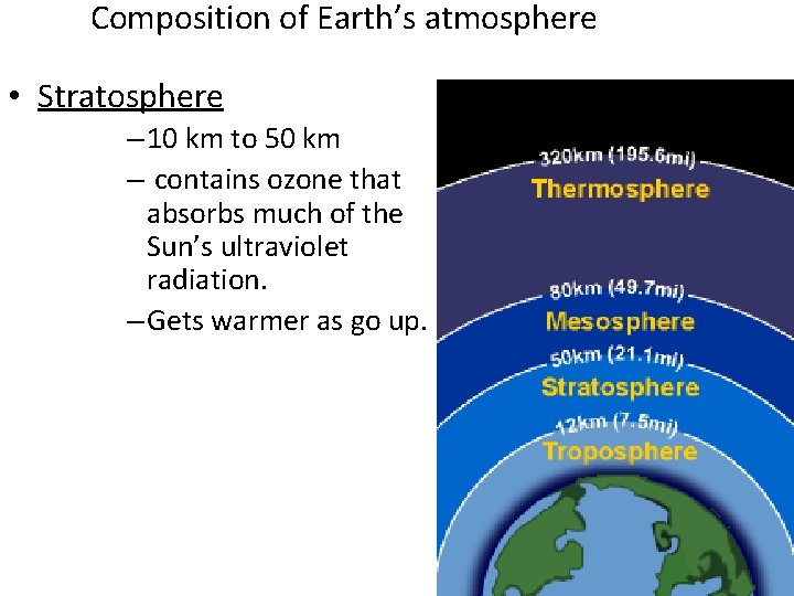 Composition of Earth’s atmosphere • Stratosphere – 10 km to 50 km – contains