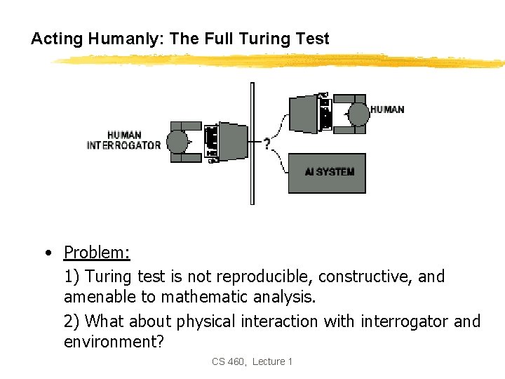 Acting Humanly: The Full Turing Test • Problem: 1) Turing test is not reproducible,