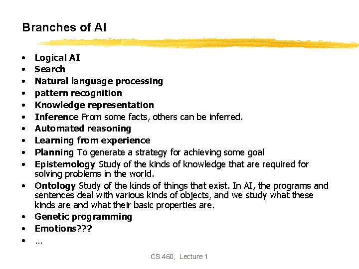 Branches of AI • • • • Logical AI Search Natural language processing pattern