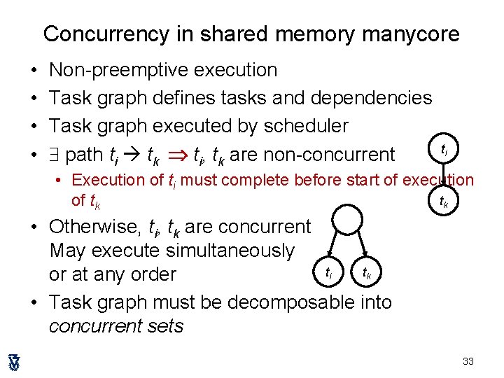 Concurrency in shared memory manycore • • Non-preemptive execution Task graph defines tasks and