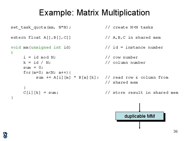 Example: Matrix Multiplication set_task_quota(mm, N*N); extern float A[], B[], C[] // create N×N tasks