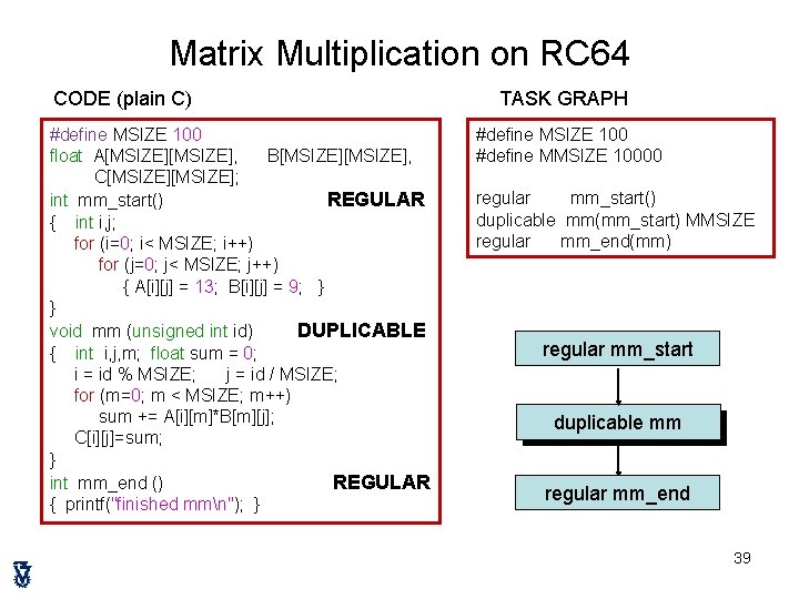 Matrix Multiplication on RC 64 CODE (plain C) #define MSIZE 100 float A[MSIZE], B[MSIZE],