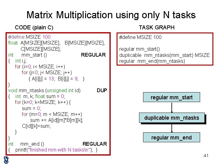 Matrix Multiplication using only N tasks CODE (plain C) #define MSIZE 100 float A[MSIZE],