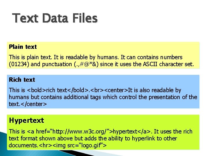 Text Data Files Plain text This is plain text. It is readable by humans.