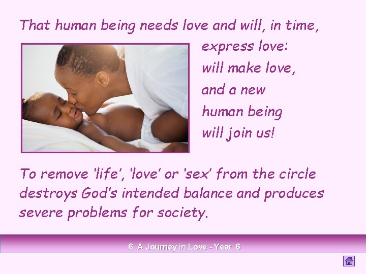 That human being needs love and will, in time, express love: will make love,