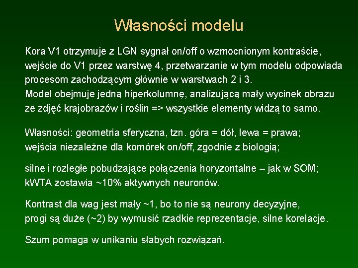 Własności modelu Kora V 1 otrzymuje z LGN sygnał on/off o wzmocnionym kontraście, wejście