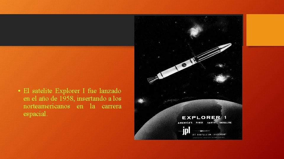 • El satelite Explorer I fue lanzado en el año de 1958, insertando