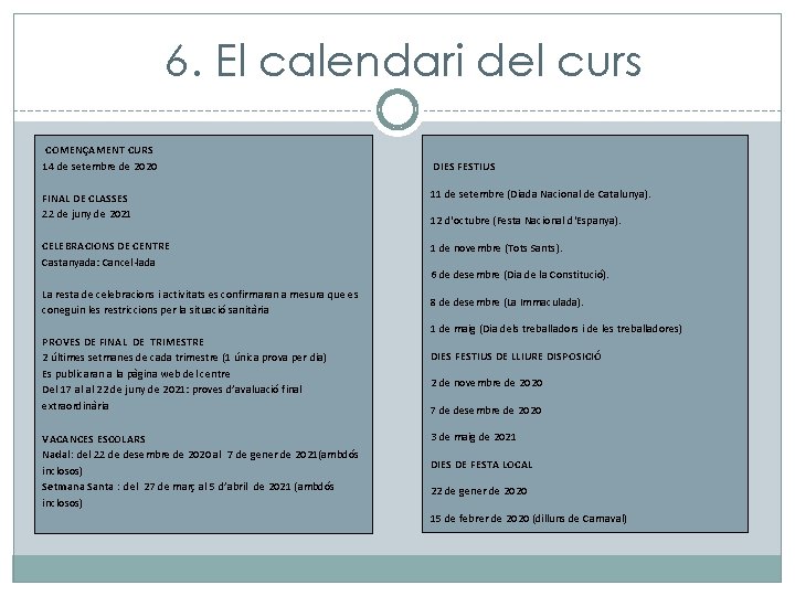 6. El calendari del curs COMENÇAMENT CURS 14 de setembre de 2020 DIES FESTIUS