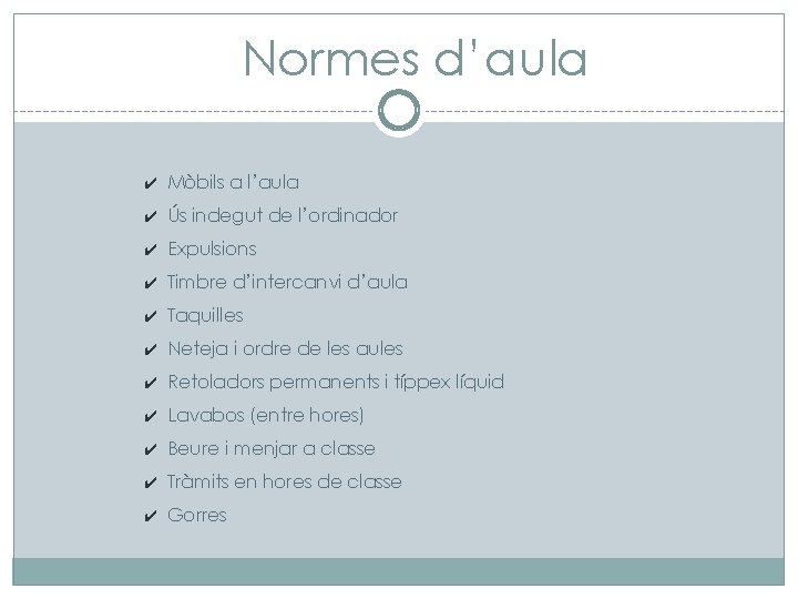 Normes d’aula ✔ Mòbils a l’aula ✔ Ús indegut de l’ordinador ✔ Expulsions ✔