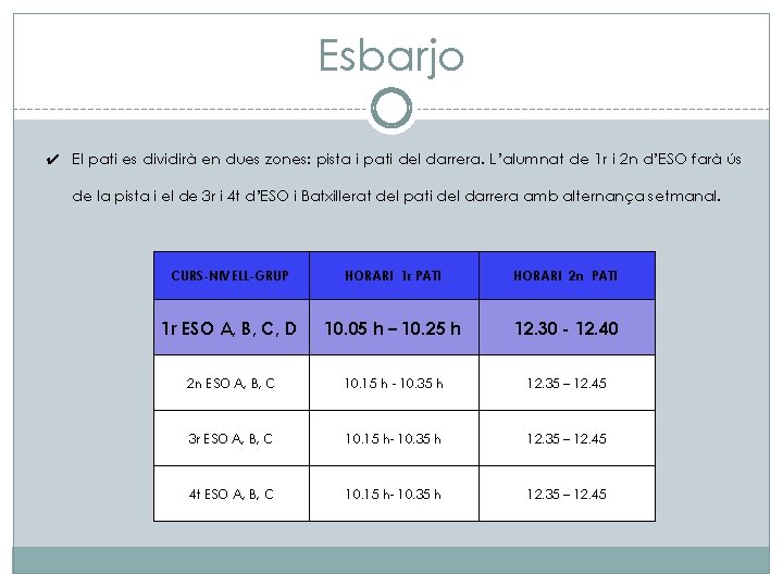 Esbarjo ✔ El pati es dividirà en dues zones: pista i pati del darrera.