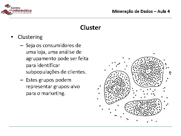 Mineração de Dados – Aula 4 Cluster • Clustering – Seja os consumidores de
