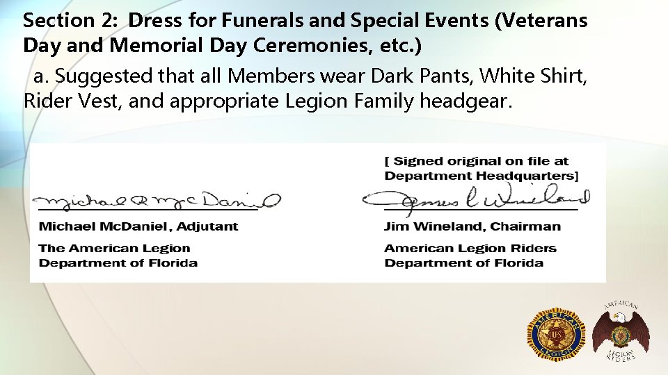 Section 2: Dress for Funerals and Special Events (Veterans Day and Memorial Day Ceremonies,