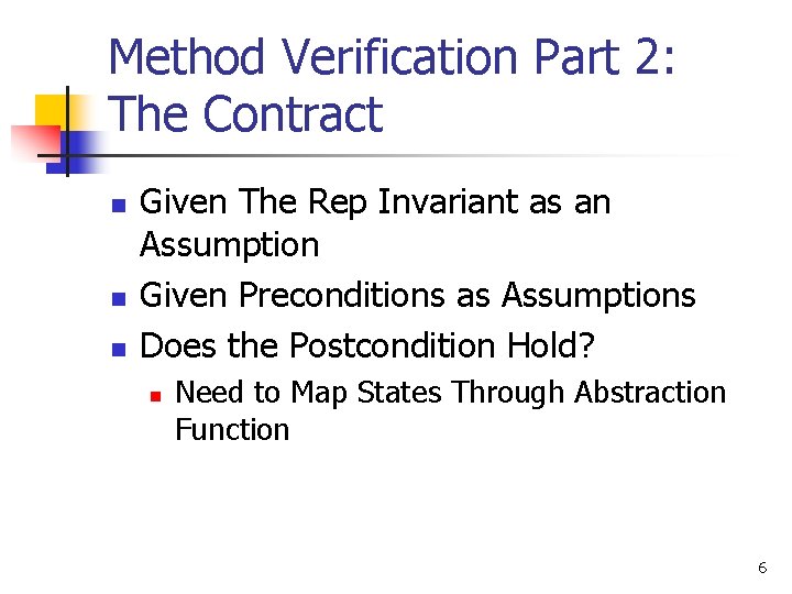 Method Verification Part 2: The Contract n n n Given The Rep Invariant as