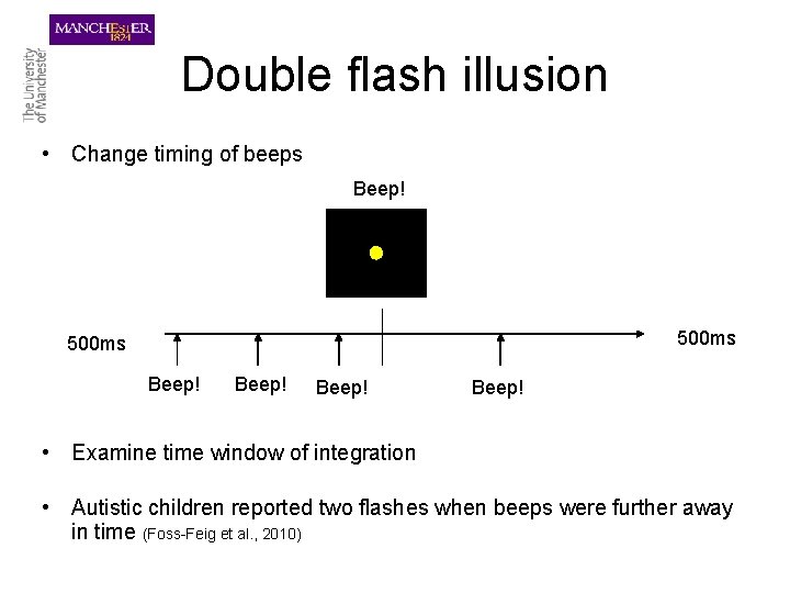 Double flash illusion • Change timing of beeps Beep! 500 ms Beep! • Examine