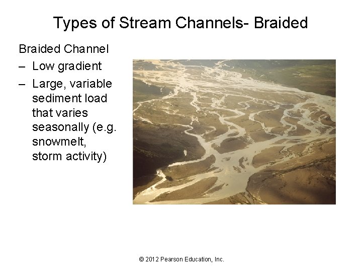 Types of Stream Channels- Braided Channel – Low gradient – Large, variable sediment load