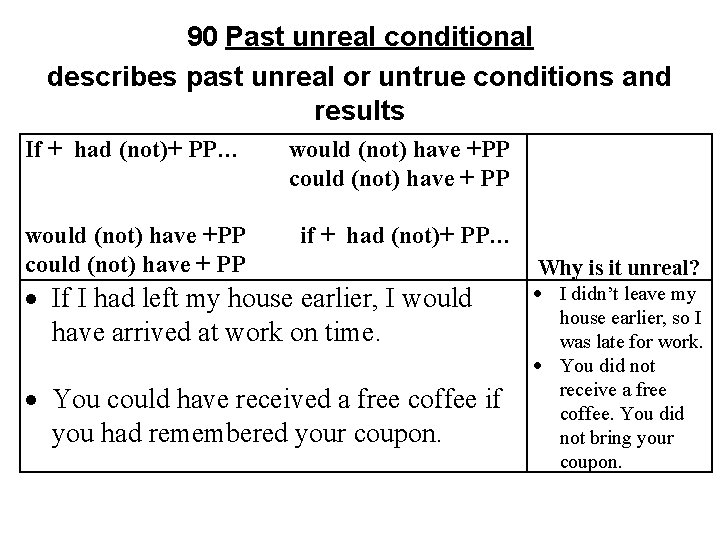 90 Past unreal conditional describes past unreal or untrue conditions and results If +