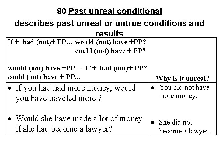 90 Past unreal conditional describes past unreal or untrue conditions and results If +