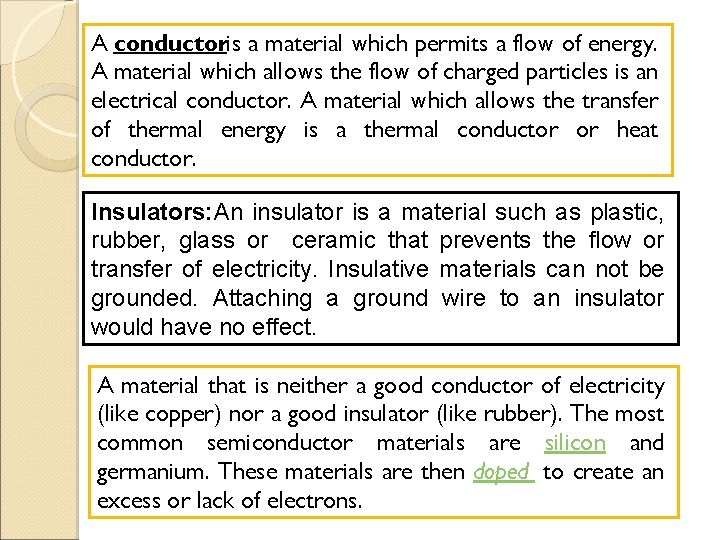 A conductoris a material which permits a flow of energy. A material which allows