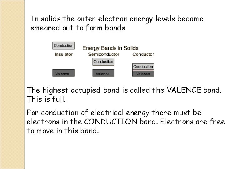 In solids the outer electron energy levels become smeared out to form bands The