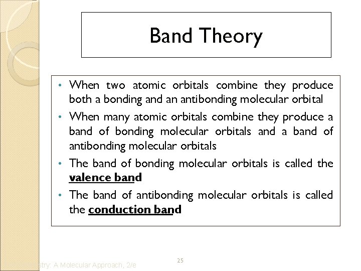 Band Theory When two atomic orbitals combine they produce both a bonding and an