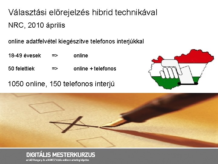 Választási előrejelzés hibrid technikával NRC, 2010 április online adatfelvétel kiegészítve telefonos interjúkkal 18 -49