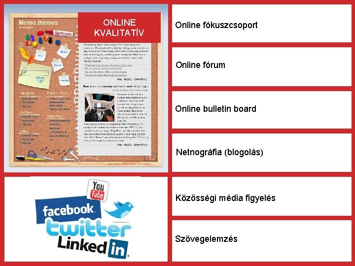 ONLINE KVALITATÍV Online fókuszcsoport Online fórum Online bulletin board Netnográfia (blogolás) Közösségi média figyelés