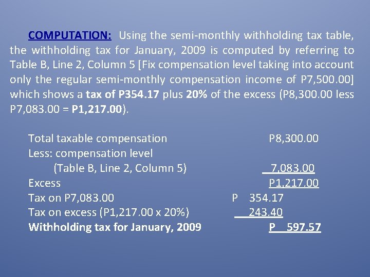 COMPUTATION: Using the semi-monthly withholding tax table, the withholding tax for January, 2009 is