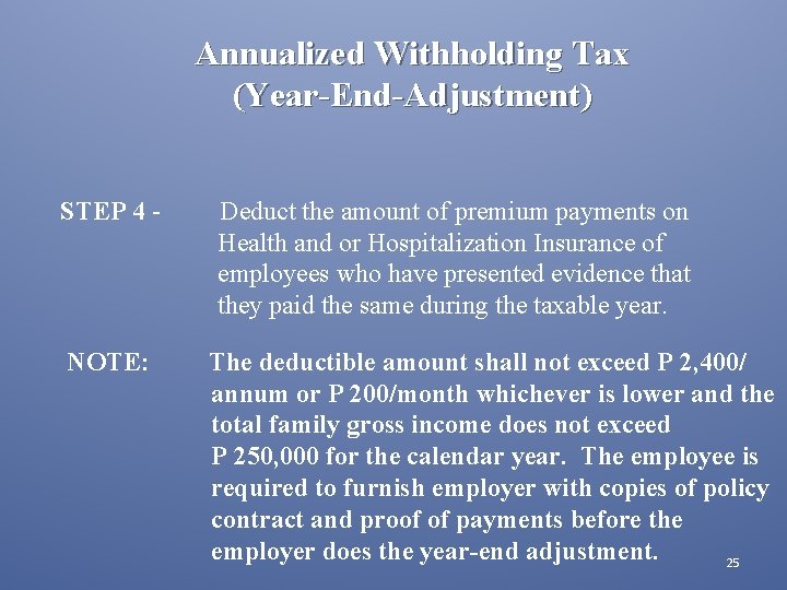 Annualized Withholding Tax (Year-End-Adjustment) STEP 4 - Deduct the amount of premium payments on