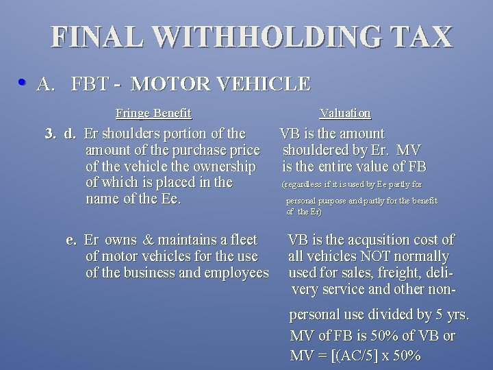 FINAL WITHHOLDING TAX • A. FBT - MOTOR VEHICLE Fringe Benefit Valuation 3. d.